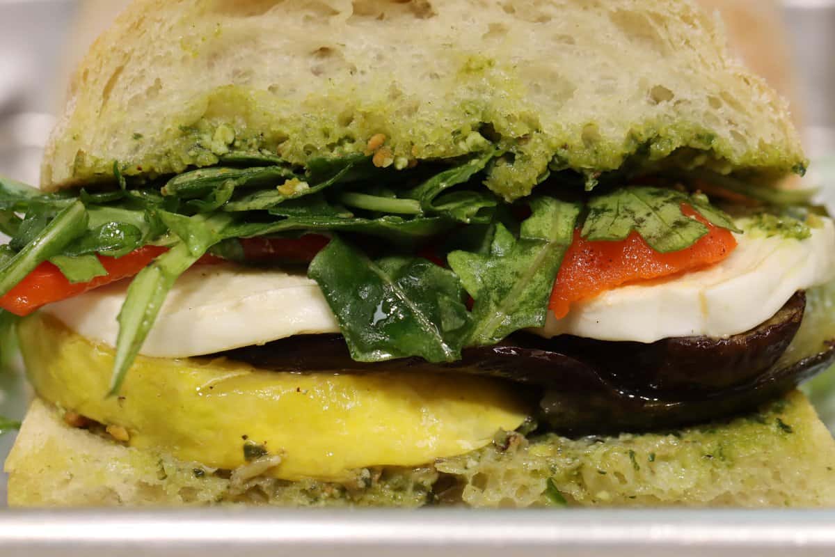 extreme close up of the ultimate veggie sandwich