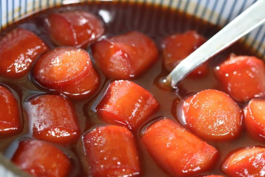 nana's weird hot dog appetizer - hot dogs swimming in two-ingredient sauce