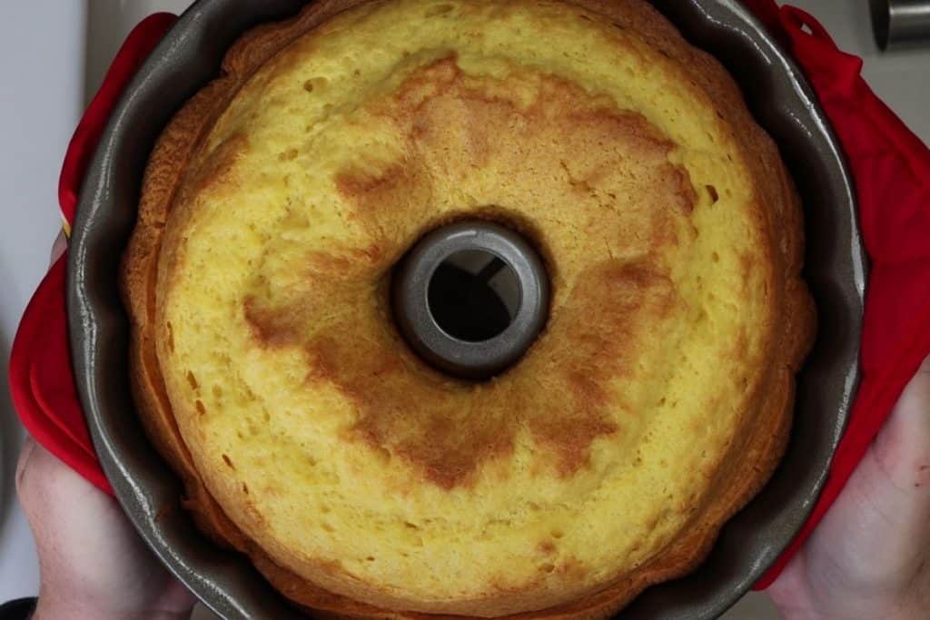 cooked rum cake still in pan