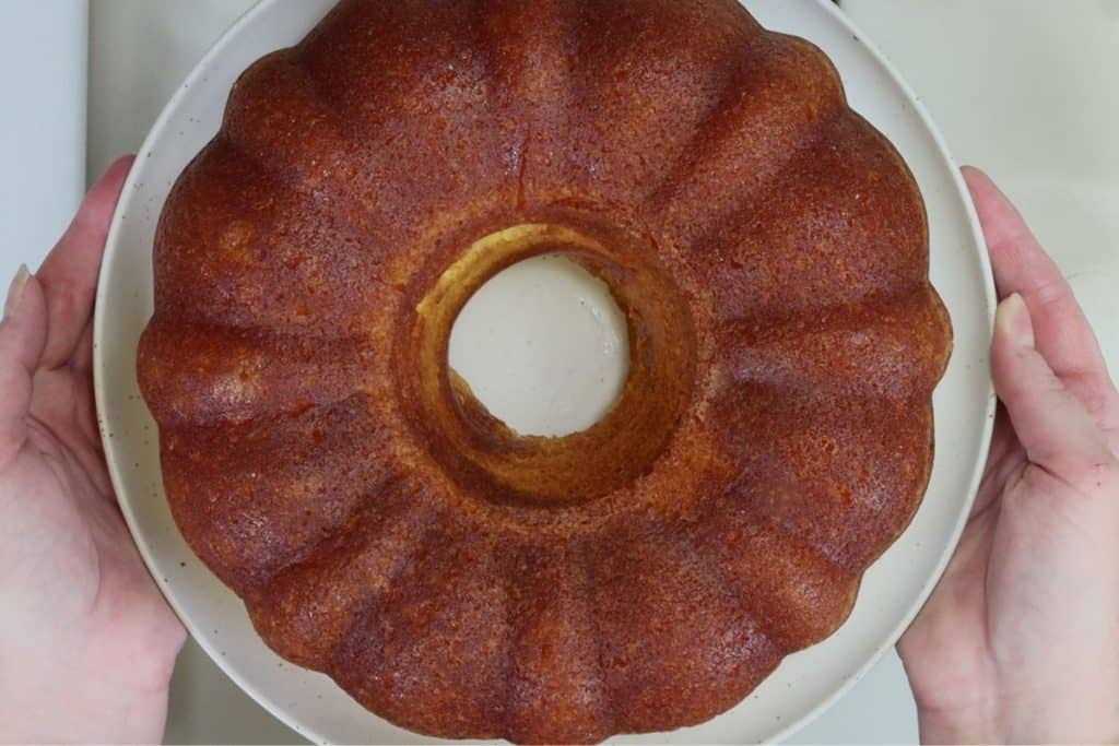 cooked rum cake after flipped onto plate
