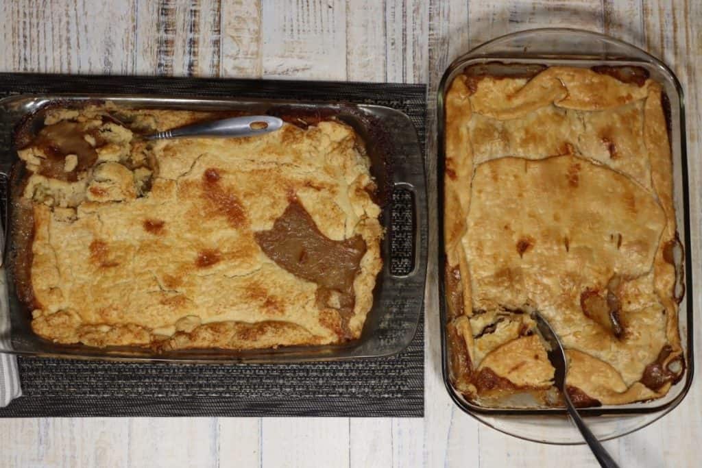 store bought crust and homemade crust versions of Mrs Mann's steak & sausage pie side by side on the table