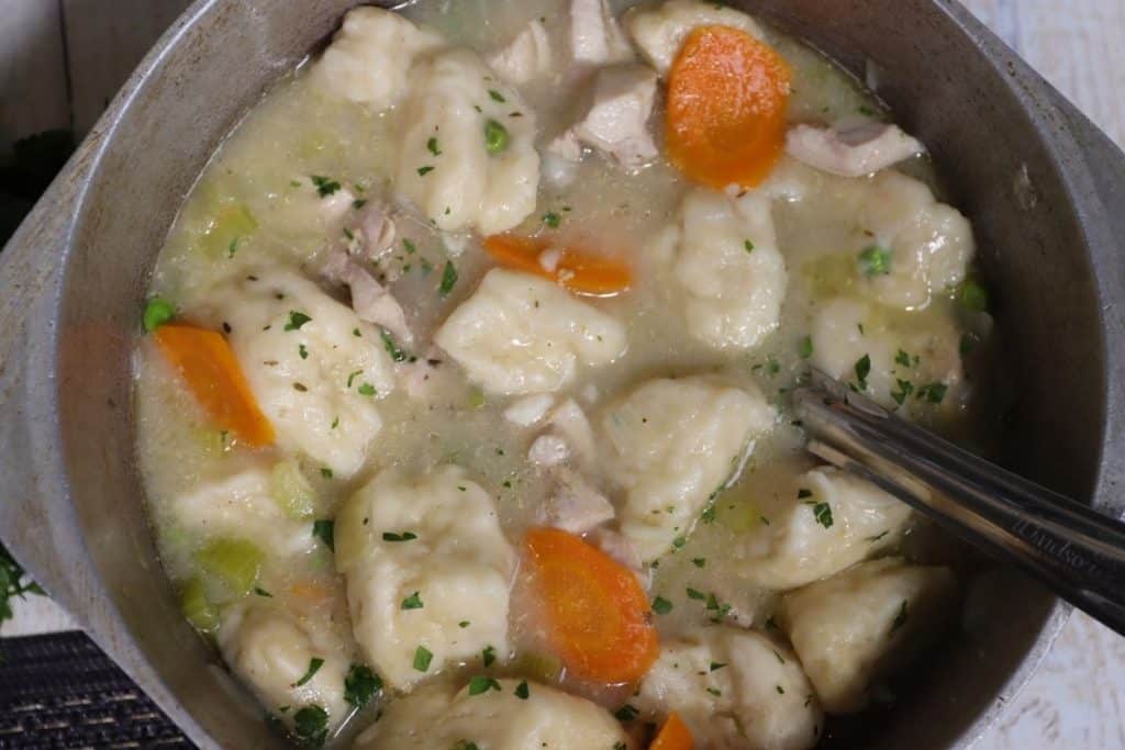 overview of the whole pot: comfort food one pot chicken and dumplings