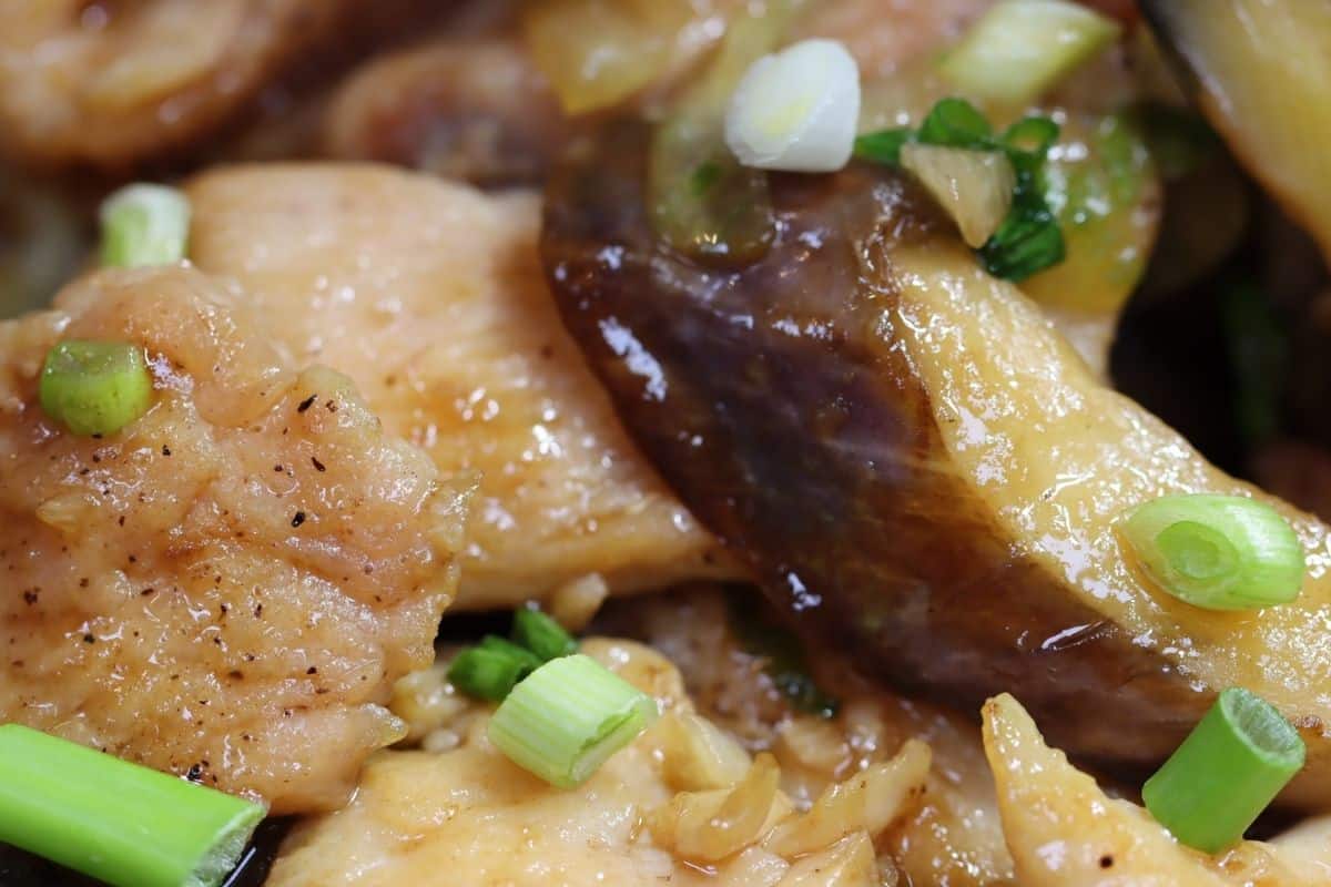 close up of juicy chicken & eggplant stir fry