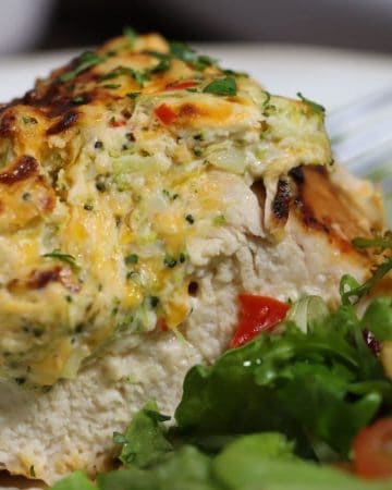 close-up look of broccoli and cheese stuffed chicken