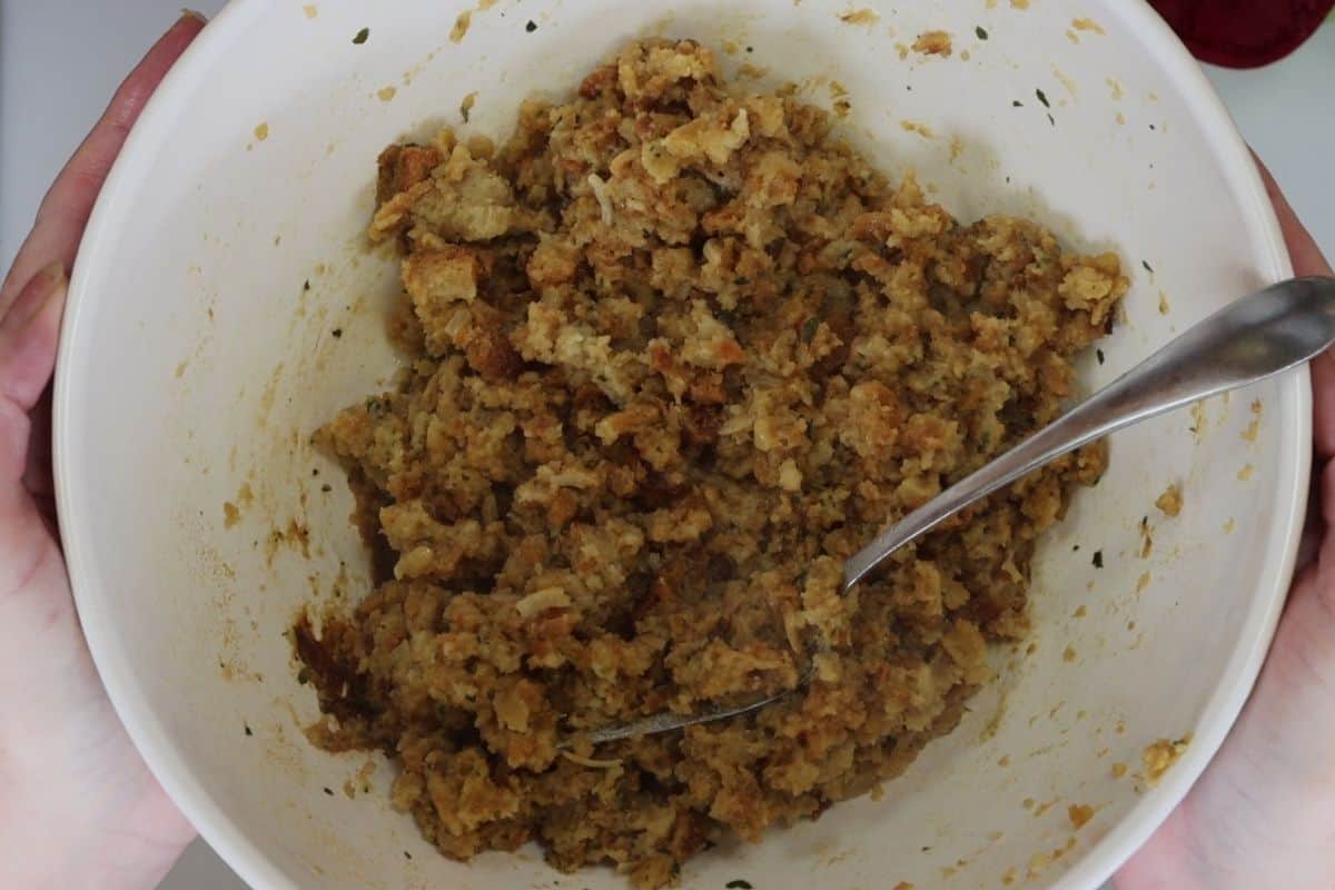 over head view of a bowl of stove top pork stuffing