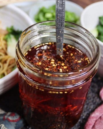 homemade chili oil with sediment to serve with dan-dan noodles