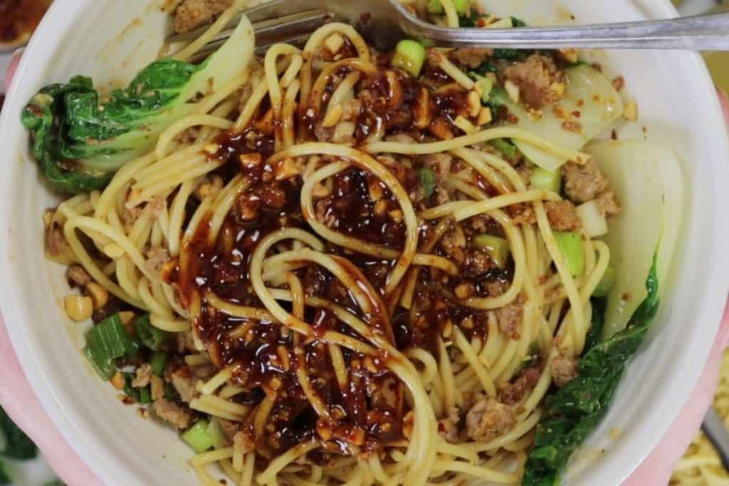 very close look at one portion of delicious dan dan noodles