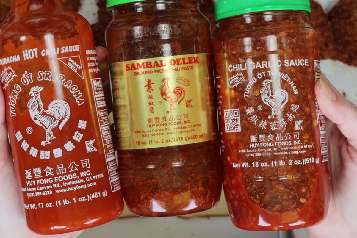 pick your poison when it comes to the spicy chili sauce topping - any of these of your favorite kind will work