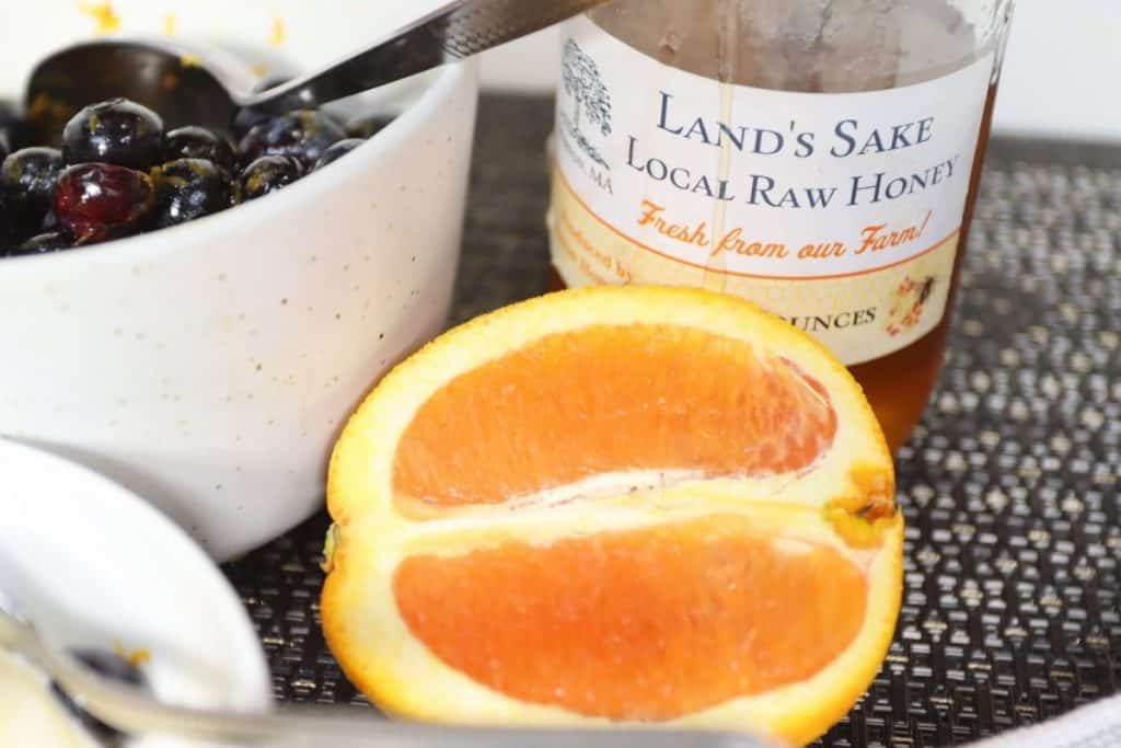 bowl of blueberry ice creaming topping with orange zest and honey next to an orange slice in half and a jar of local honey from Land's Sake Farm