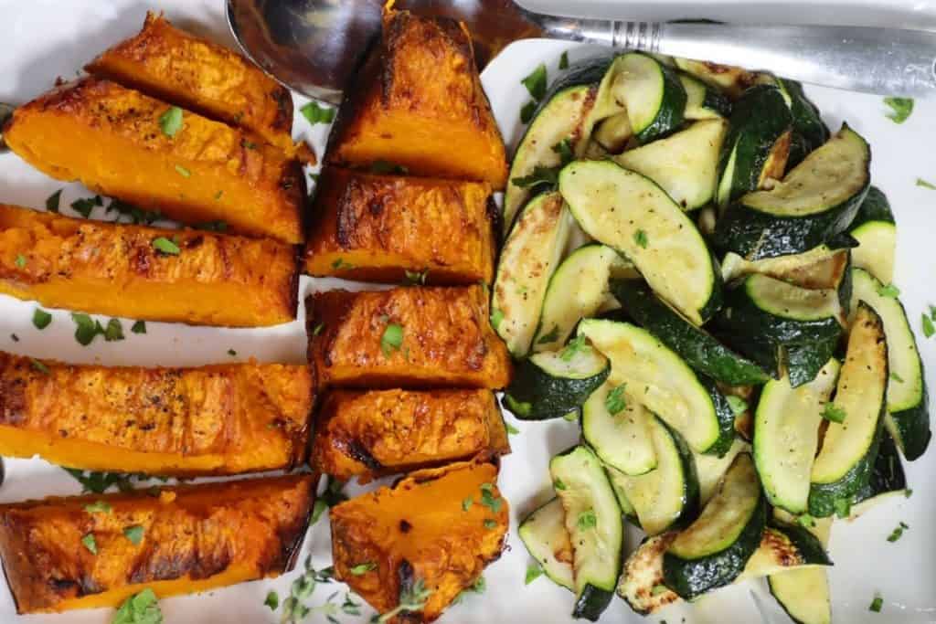 platter of roasted calabaza squash and sauteed zucchini