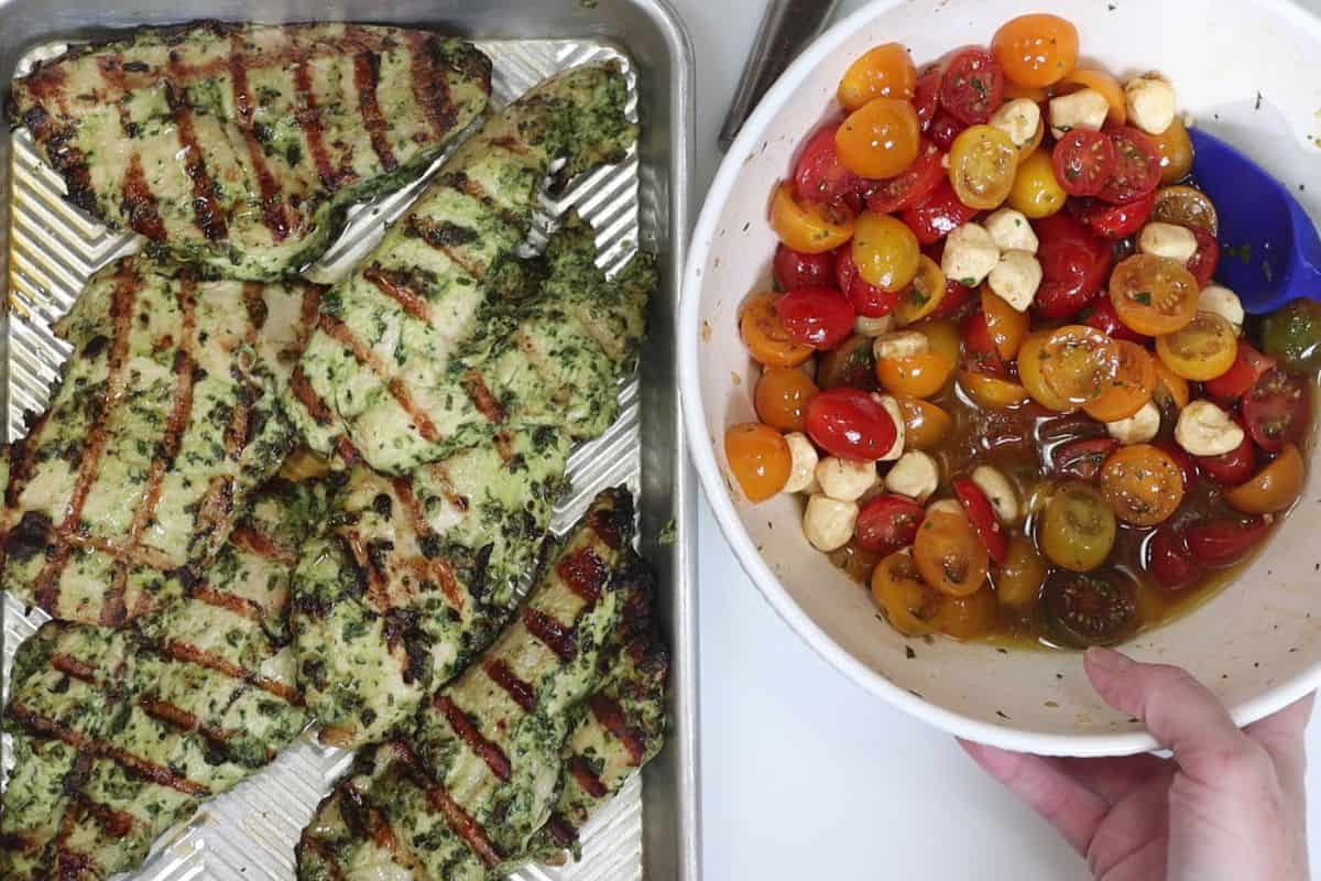 marinated grilled chicken fresh off the grill and fresh marinated tomatoes