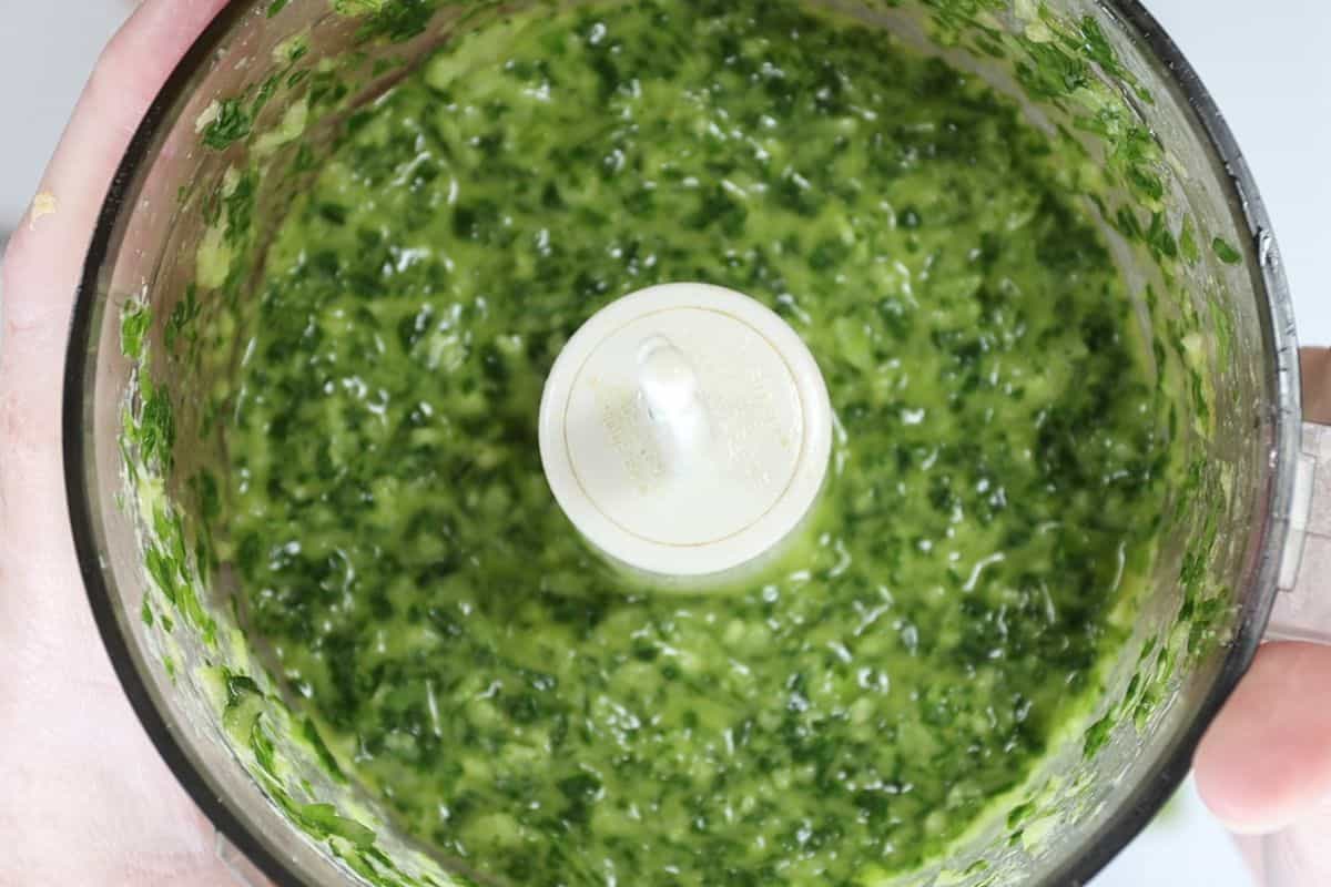 a closer look at the marinade made with parsley, cilantro, dijon, lemon zest, garlic, olive oil and onion