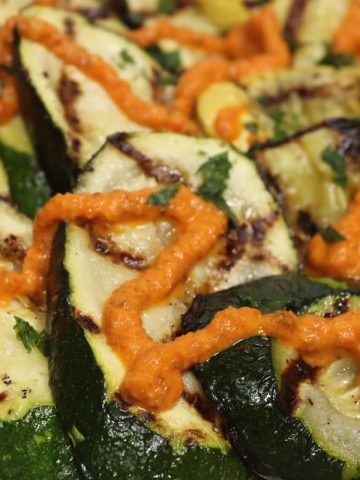 a closer look at the grilled zucchini side of the veggie platter drizzled with romesco sauce