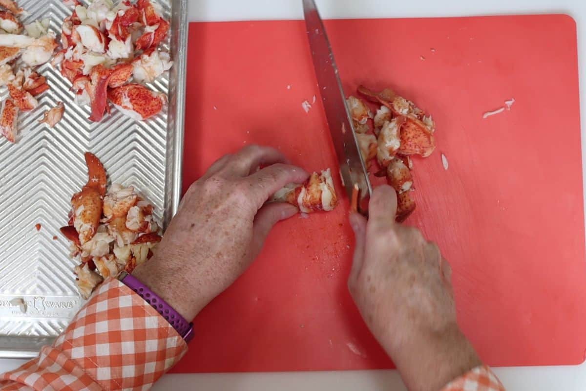 rough chop the larger pieces of lobster meat like the tail before assembling your lobster rolls