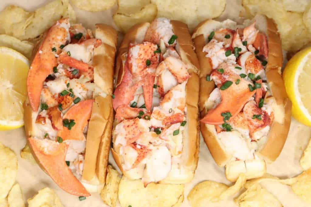 and then there were three. I made four lobster rolls but I ate one of them. three simple buttery lobster rolls on grilled hot dog buns