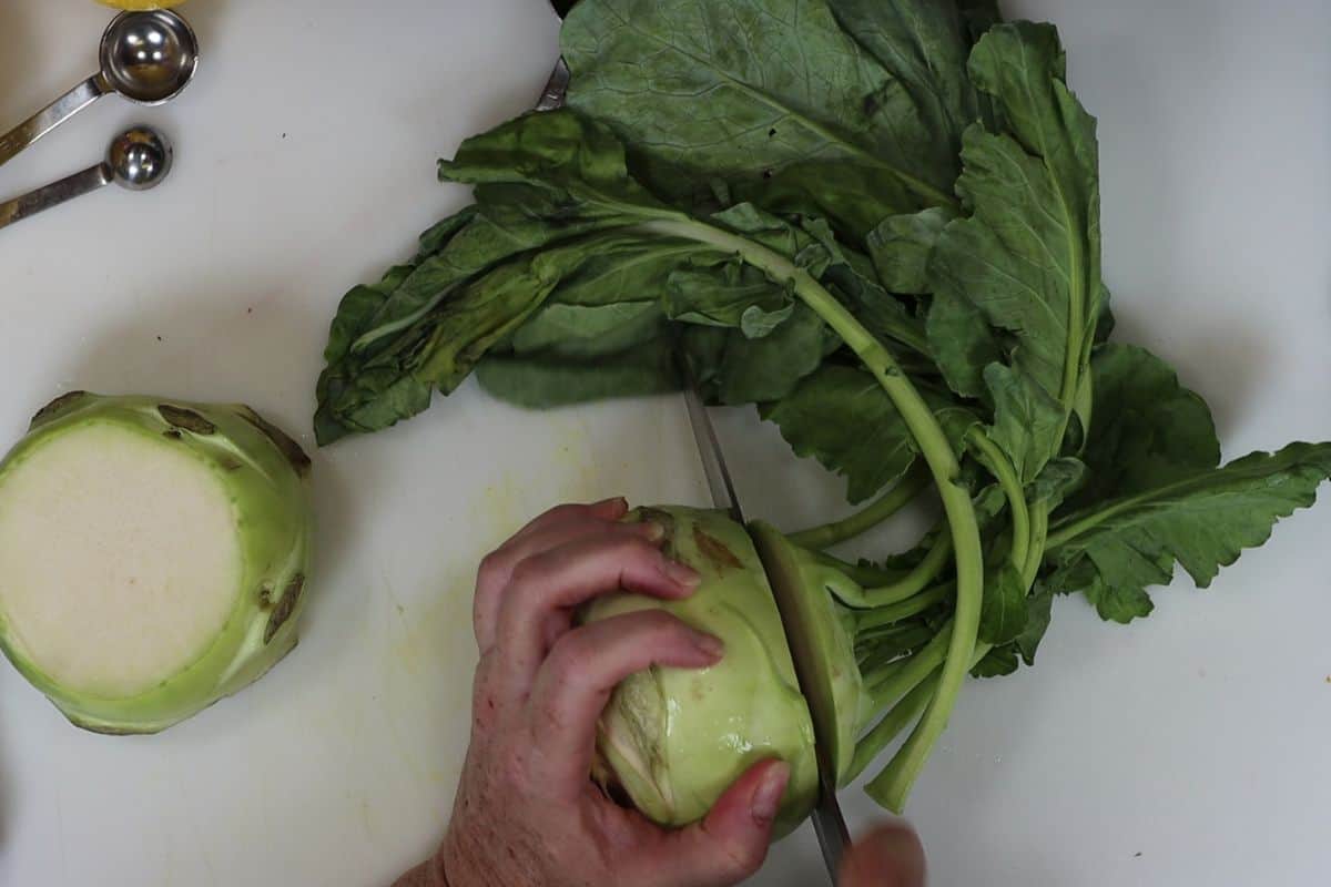 with kohlrabi cut the tops off and part of the bottom as well - just like when you cut zucchini and summer squash