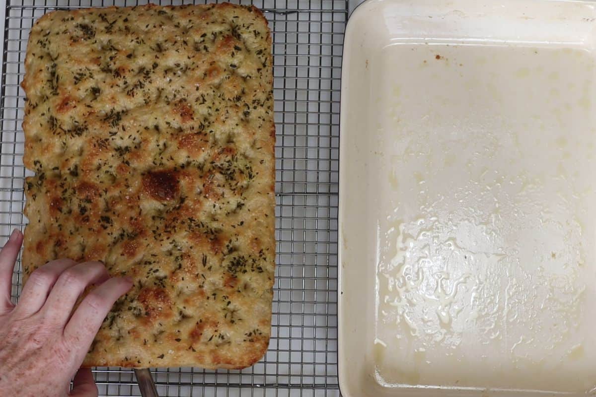 14-steps to making focaccia bread-let cool and transfer to wire rack