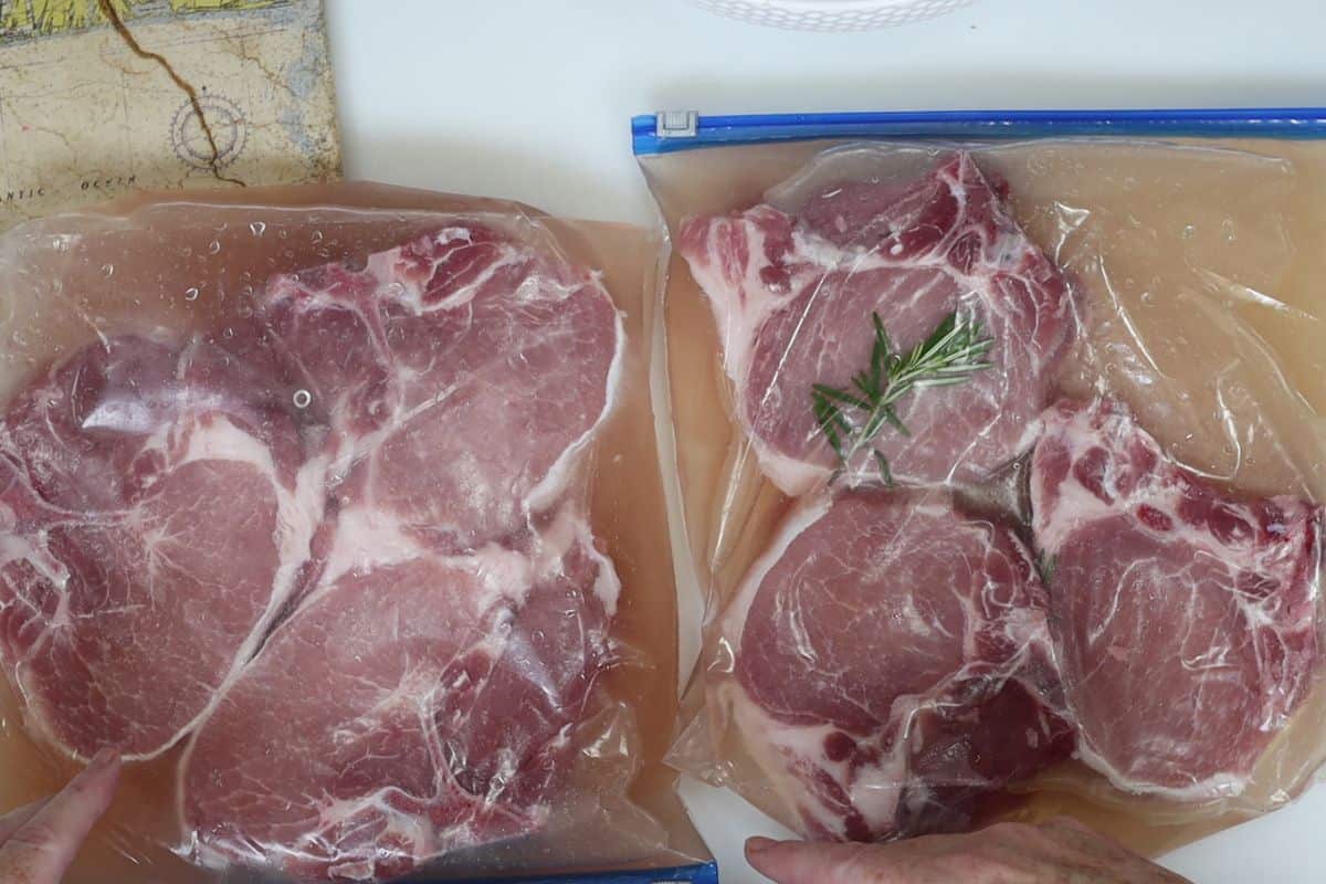 add your bone-in center-cut pork chop in two slider bags then pour the brine in the bags