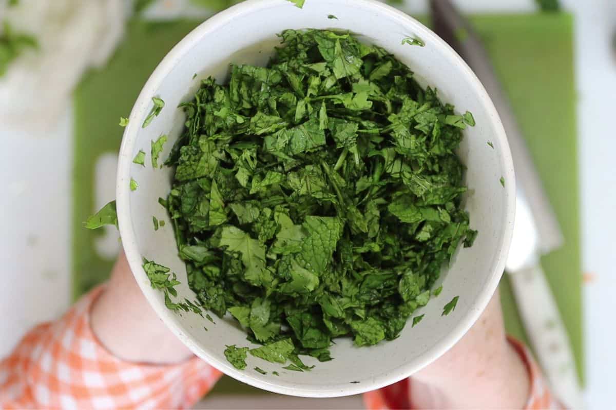 rough chop the cilantro and mint and toss together in a bowl