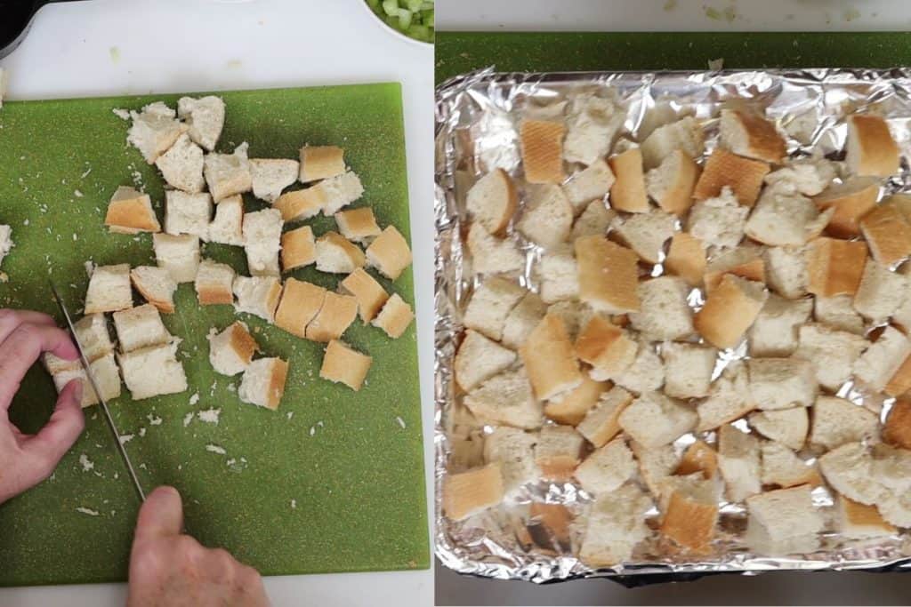 cut bread cubes for stuffing, place on a sheet pan and bake in your toaster oven