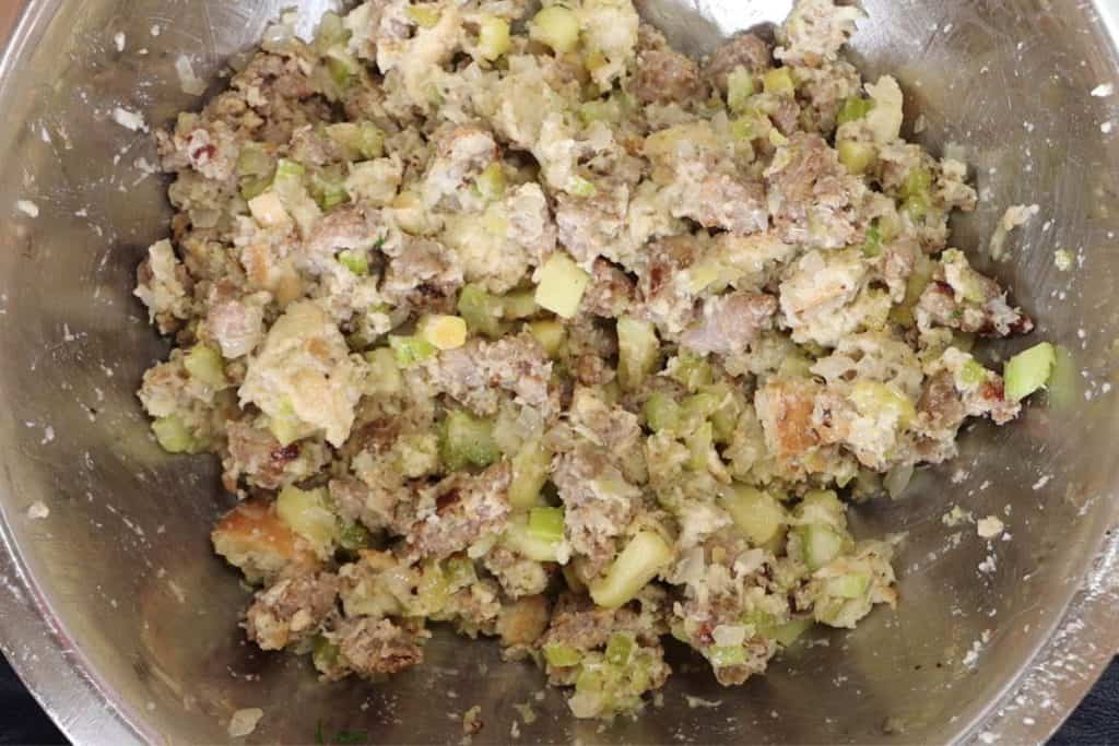 mix the stuffing together with a large spoon or gloved hands until it looks about like this