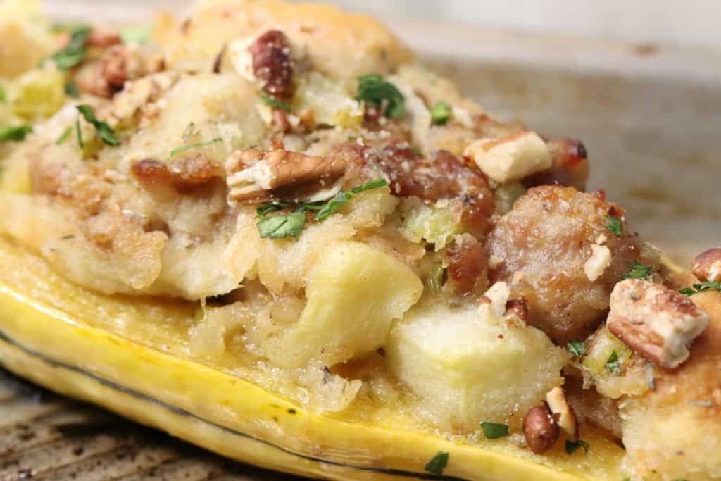 the stuffing is made with bread cubes, onion, celery, apple, sausage, and thyme