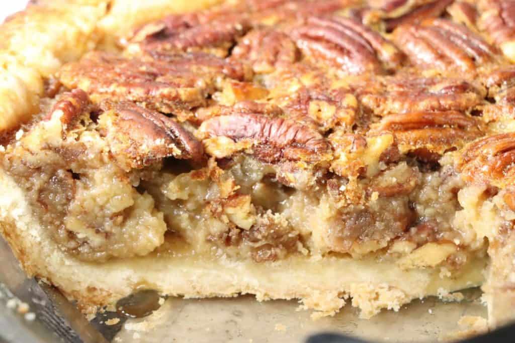 Let's take a closer look inside this bourbon pecan pie with a butter crust