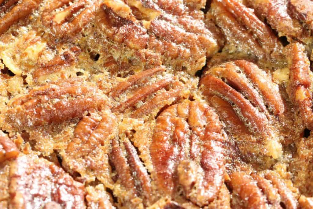 A really close look at the top of this incredible bourbon pecan pie with butter crust
