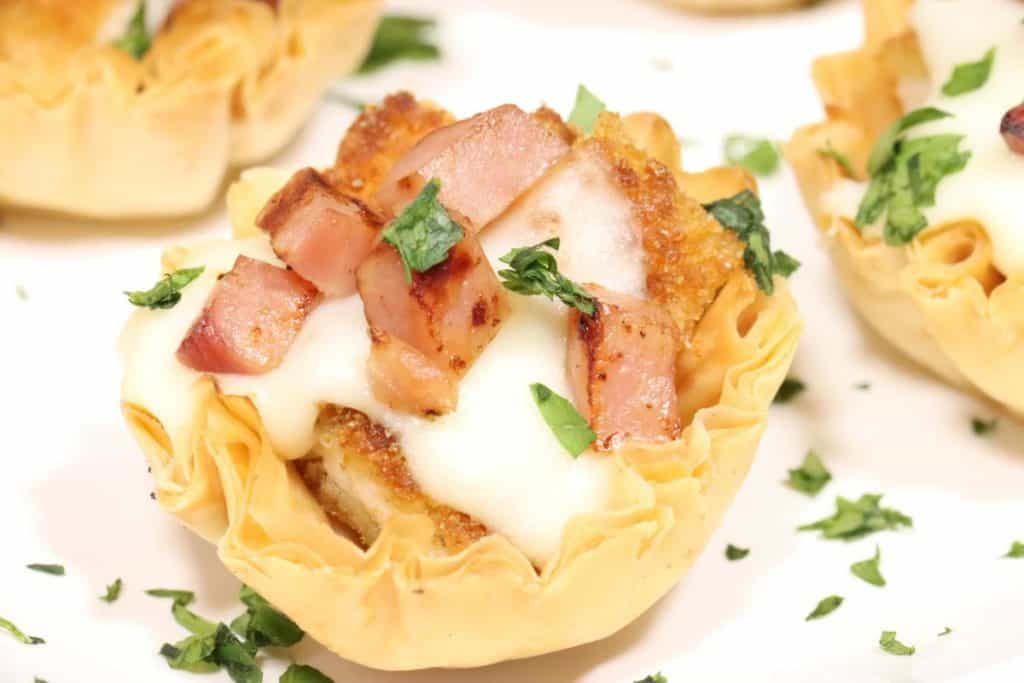 holiday appetizers phyllo cups five ways chicken cordon bleu bites with cheesy sauce and ham cubes