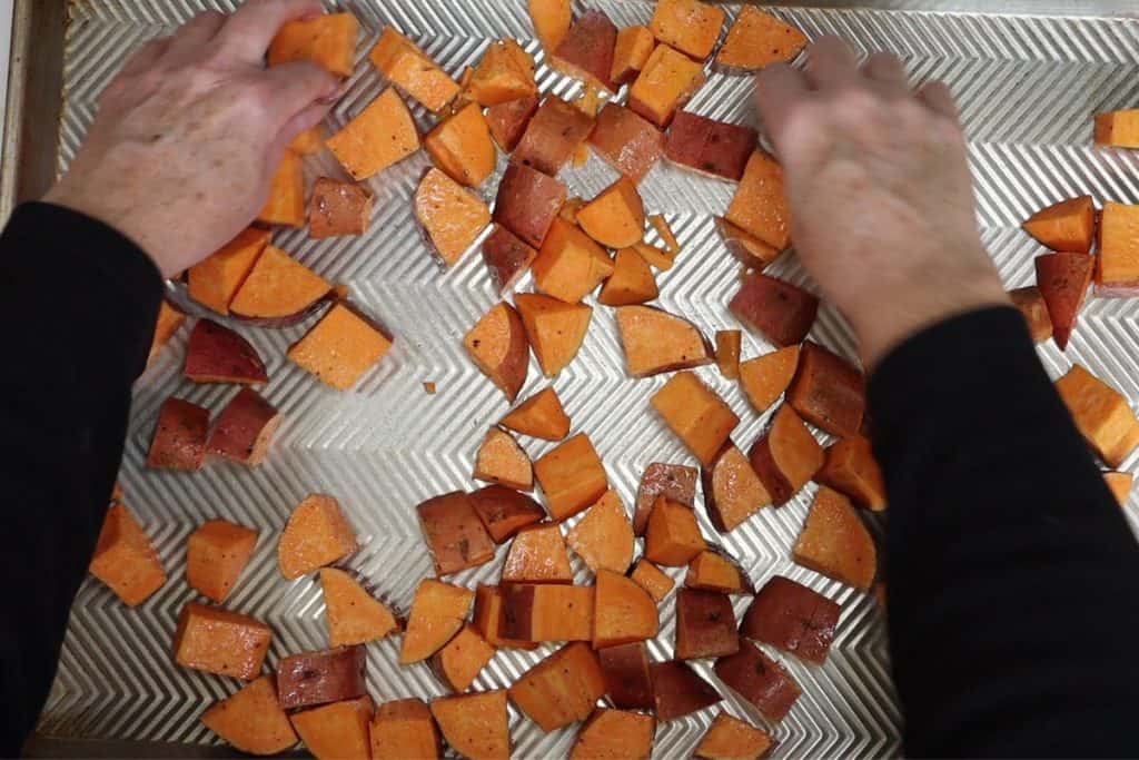 spread the sweet potatoes out on a large sheet pan