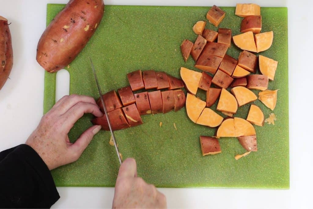 cut the sweet potatoes into uniform chunks