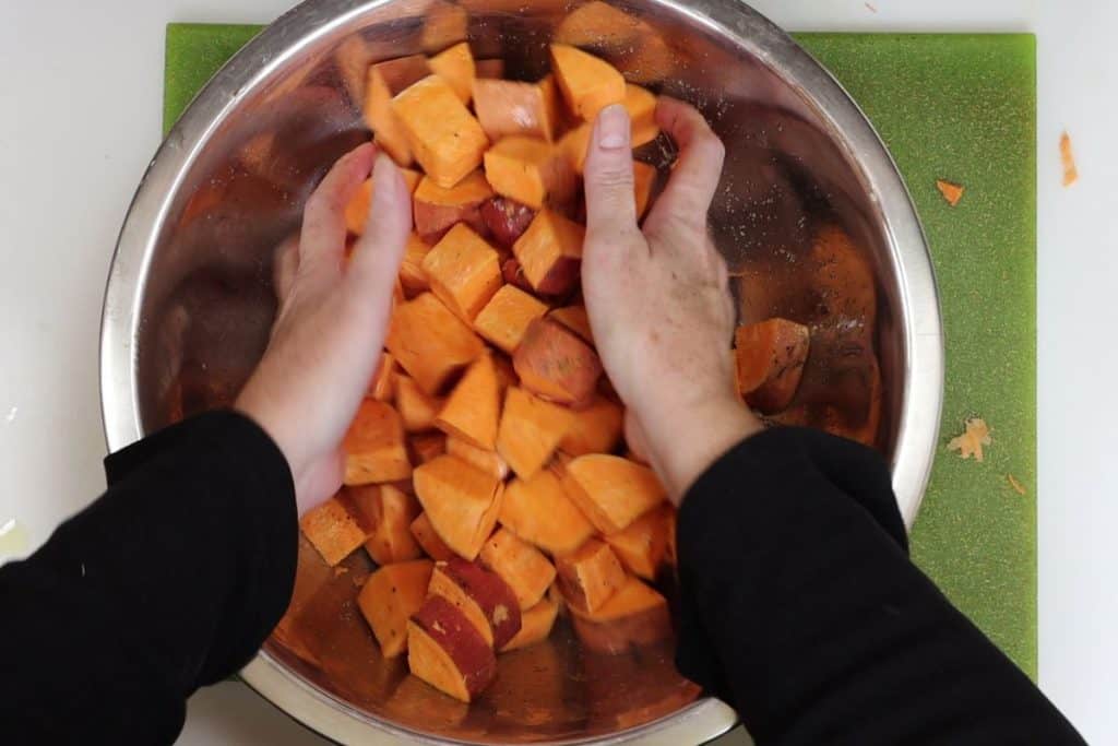 toss the sweet potatoes with to coat with olive oil, salt and pepper
