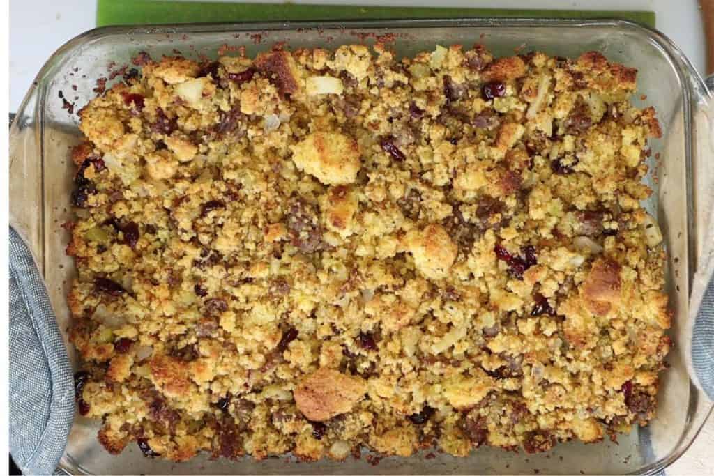 sweet and savory cornbread stuffing with sausage right out of the oven. the smell is incredible