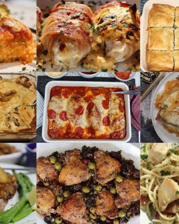 Collage of Feeding a crowd for the holidays - 10 best recipes to serve the masses. starting at top left and going clockwise: spaghetti lasagna, jalapeno popper chicken wrapped in bacon, phyllo meat pie, croque monsieur sandwich, creamy chicken bacon pasta, chicken marbella, pork chops with stove top stuffing, steak and sausage pie, stuffed chicken pepperoni pizza bake.