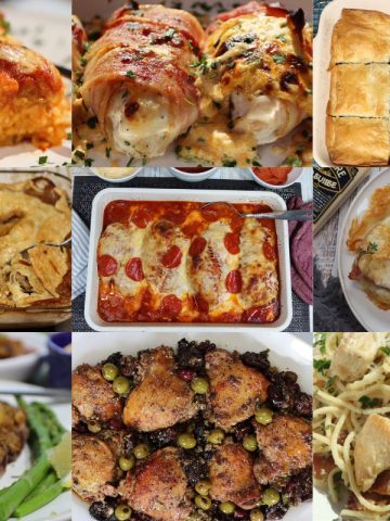Collage of Feeding a crowd for the holidays - 10 best recipes to serve the masses. starting at top left and going clockwise: spaghetti lasagna, jalapeno popper chicken wrapped in bacon, phyllo meat pie, croque monsieur sandwich, creamy chicken bacon pasta, chicken marbella, pork chops with stove top stuffing, steak and sausage pie, stuffed chicken pepperoni pizza bake.
