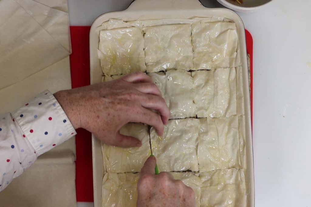 moroccan-spiced phyllo meat pie - score, or cut, the meat pie into 12 squares before you cook in the oven
