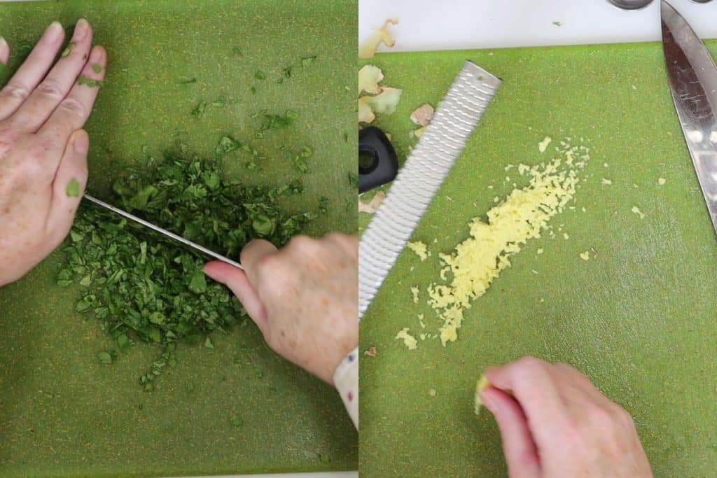 moroccan-spiced phyllo meat pie - finely chop the cilantro and grate the ginger