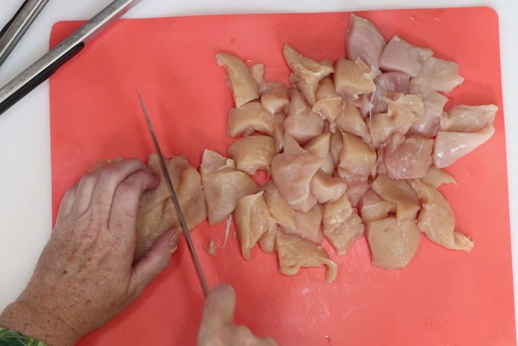 creamy chicken bacon pasta - cut the chicken into uniform pieces so they cook evenly