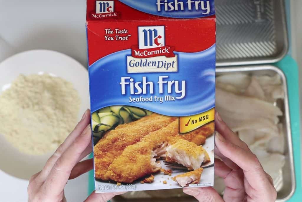 McCormick Fish Fry Flounder: picture of the box of fish fry powder with flounder i the background and a bowl with fish fry powder