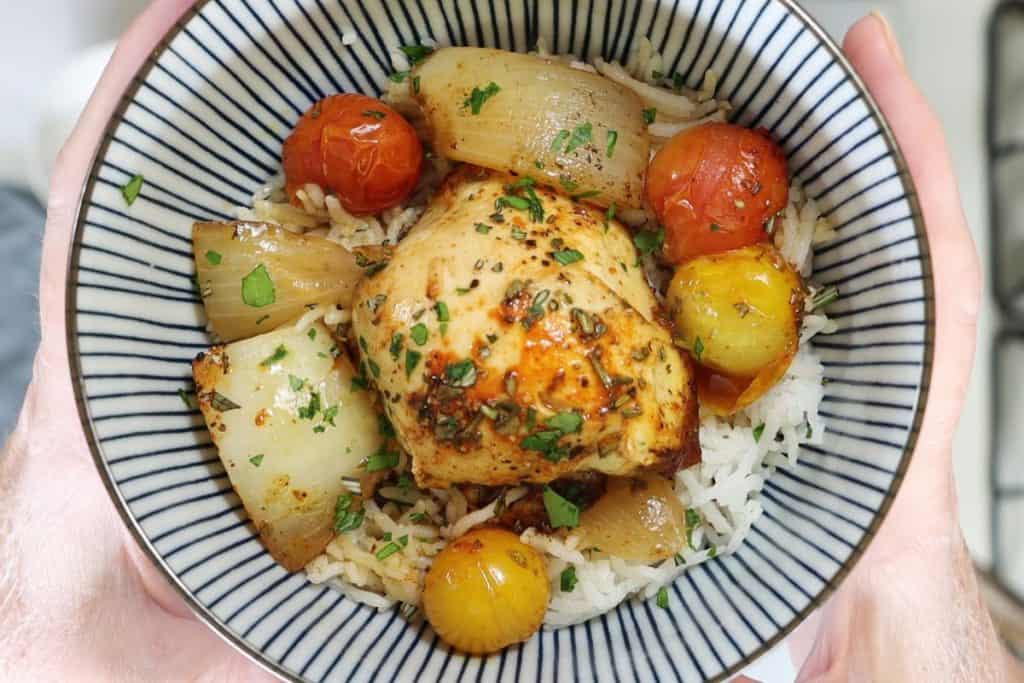 balsamic cholula chicken: spoon chicken, onions, cherry tomatoes and broth over a scoop of basmati rice and enjoy!