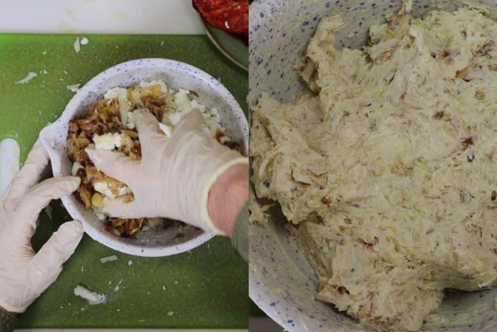 mix cheeses together with leeks to make the filling for the chicken