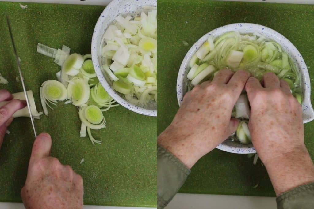 after you slice the leeks soak in water and separate rings to make sure they are clean. Leeks can be very dirty