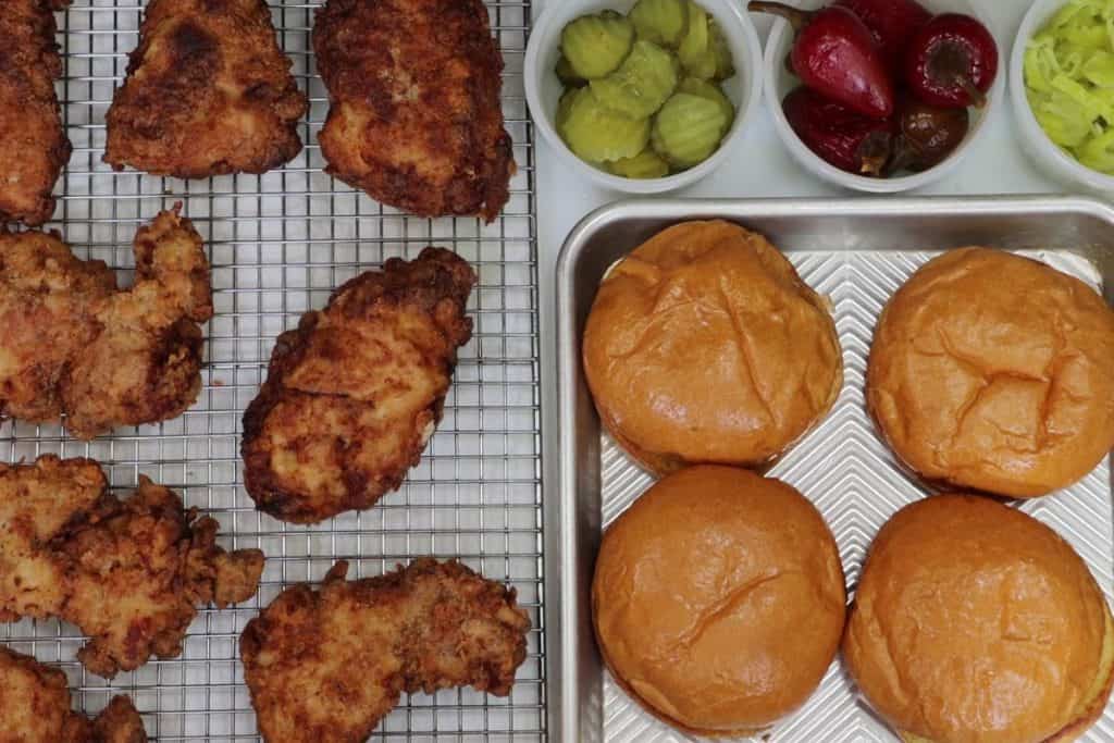 Pickle Juice & Buttermilk-Brined Fried Chicken Sandwich: all the ingredients on the counter and ready to start assembling the sandwiches