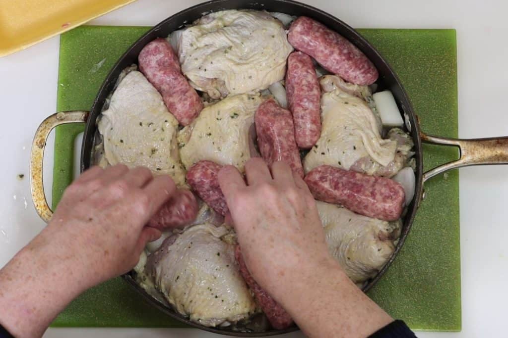 chicken sauerkraut and italian sausage: nestle the italian sausage in between the chicken pieces