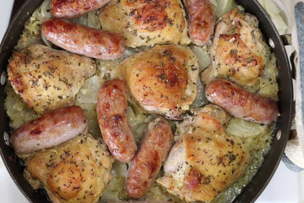 chicken sauerkraut and italian sausage right out of the oven