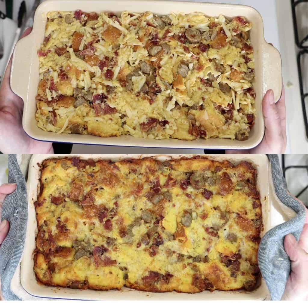 before and after shots of uncooked fantastic meaty breakfast casserole on top and cooked on the bottom