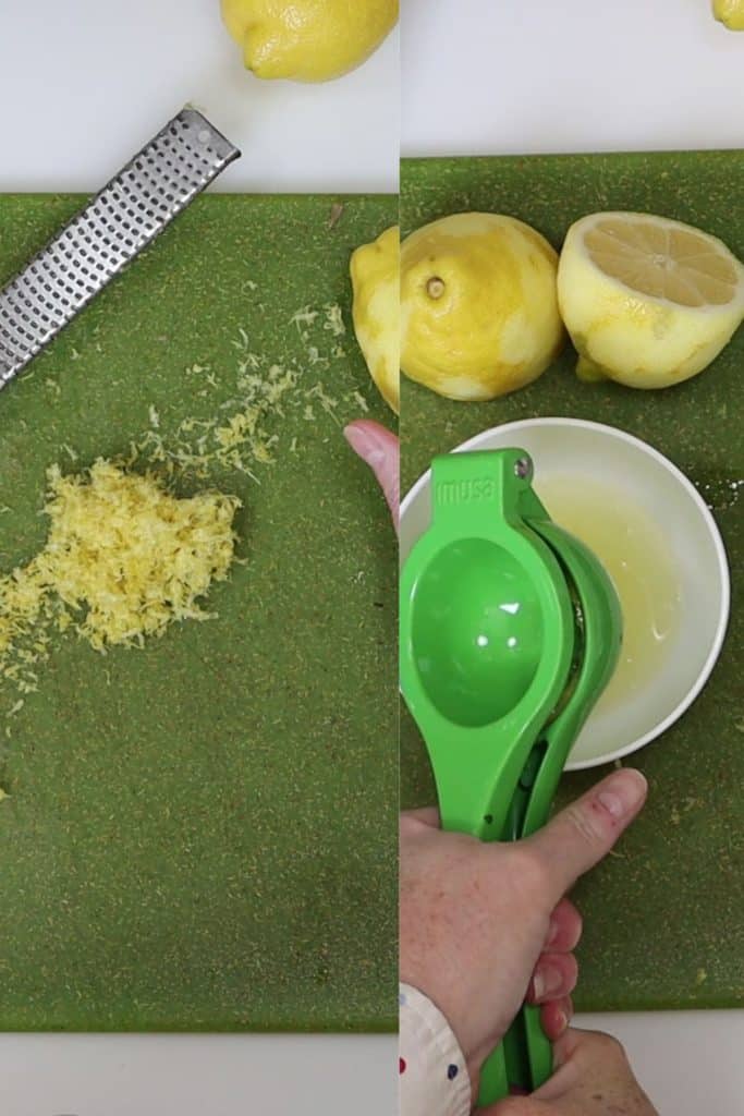 zest the lemons with a microplane shown on the left then juice lemons into a bowl on the right