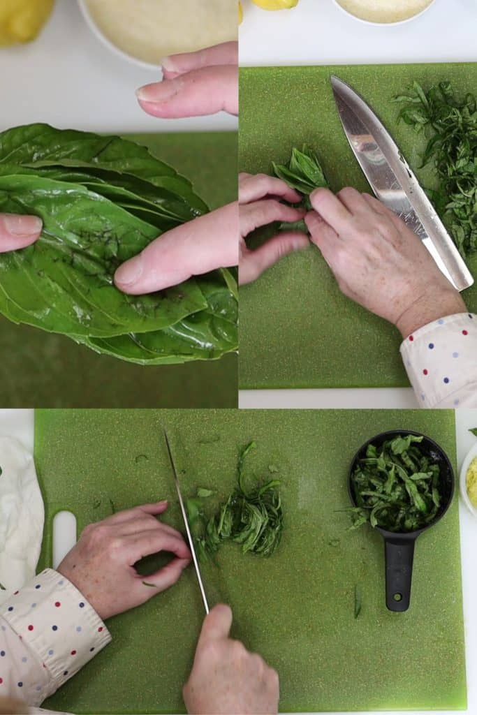 clockwise from left: stack basil leaves on top of each other, then roll them then slice them