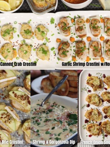 overhead view of canned crab toasties, garlic shrimp crostini with romesco, apple brie crostini, shrimp & gorgonzola dip crostini, french onion soup crostini