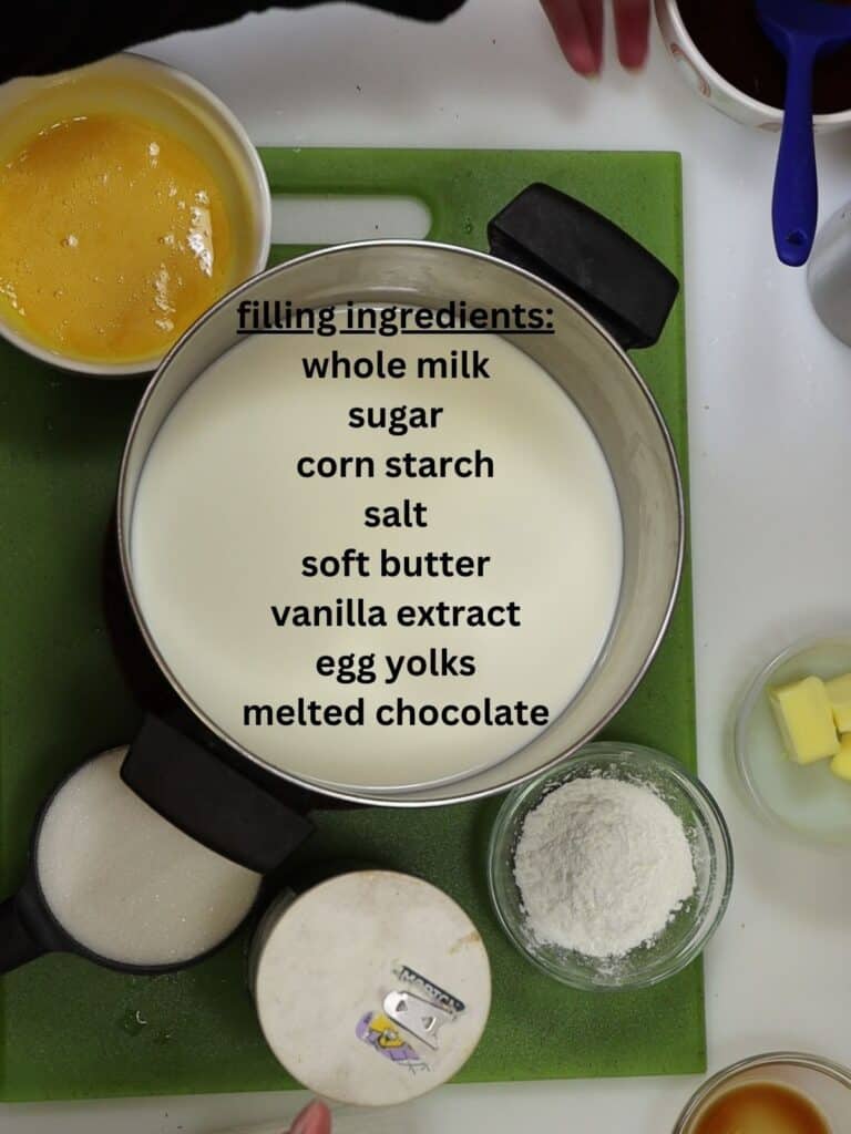 overhead view of the chocolate cream pie filling ingredients